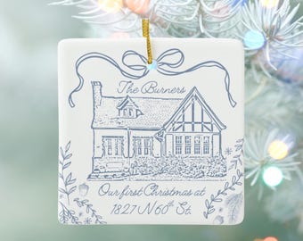 Decorazione personalizzata, regalo per la nuova casa, ricordo natalizio in ceramica personalizzato con illustrazione disegnata a mano