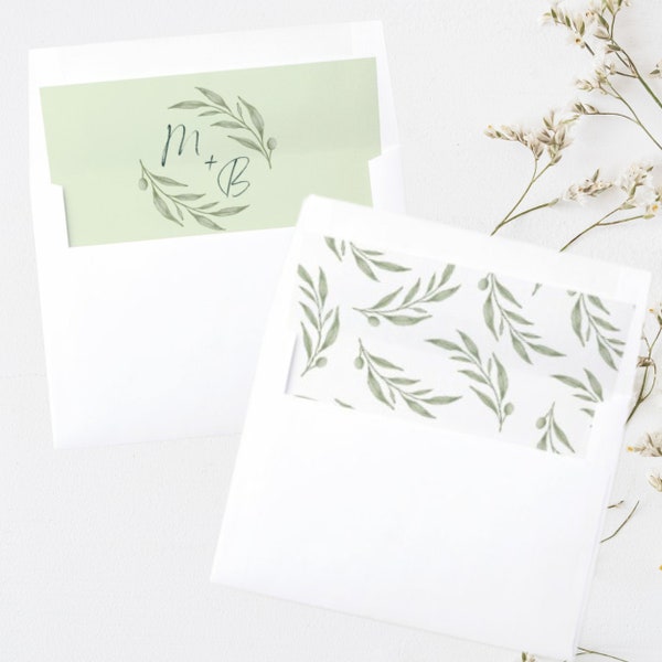 Modern Olive Envelope Liners, Custom Envelope Liners, Formal Invite Envelope Liners, Watercolor Foliage, Digital Download, Editable Template