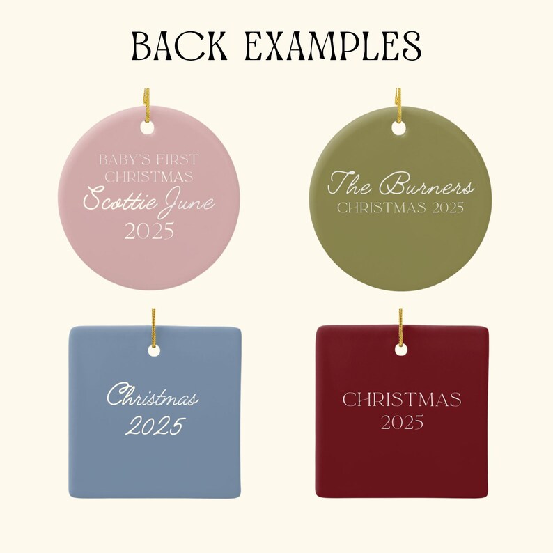 Four ceramic ornament back examples are shown: a pink circle, a green circle, a blue square, and a red square, each with white text indicating a name and year.