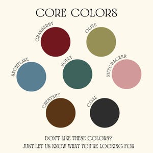 Seven colored circles representing "Core Colors" are displayed: Cranberry, Olive, Snowflake, Holly, Nutcracker, Chestnut, and Coal.