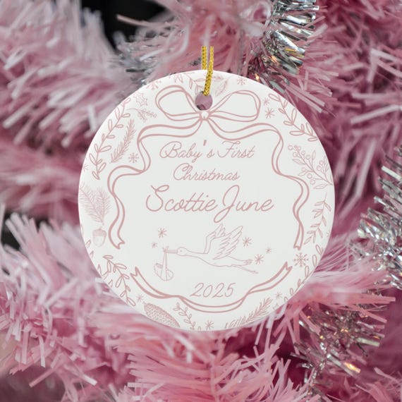 Custom Baby Ornament, First Christmas, Personalized Ceramic Keepsake, Hand Drawn Illustration
