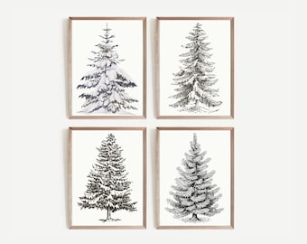 DIGITAL DOWNLOAD Set of 4 Art Prints, Vintage Pine Trees, Holiday Art Prints, Vintage Christmas Trees, Gallery Wall Set, Downloadable File