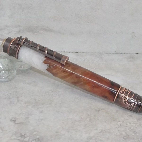 Handcrafted Light House Twist Pen in Mallee Burl, Antique Bronze Finish