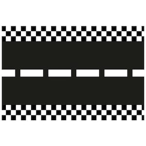 May include: A black and white chequered pattern frames a black road design. The road features two lanes divided by white dashed lines, evoking a racing or speedway aesthetic.
