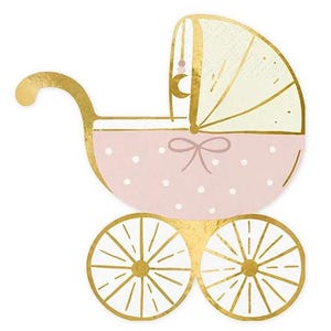 May include: An illustrated baby carriage in pink and gold. The carriage body is pink with white polka dots, and the wheels, handle, and trim are gold. The hood is cream-colored. A bow detail is visible on the carriage.