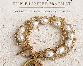 Bransoletka Bee Coin Triple Layered | Perły i kryształy vintage | Wyrazisty butik