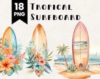 Clipart de tabla de surf en acuarela: Paquete PNG de flores tropicales (uso comercial)