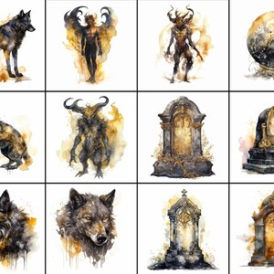 Pode incluir: Uma colagem digital de ilustra&ccedil;&otilde;es de aquarela que apresentam um lobo, um dem&ocirc;nio, uma l&aacute;pide e uma bola de cristal. As imagens s&atilde;o renderizadas em tons de preto, dourado e branco, com um efeito de lavagem de aquarela.
