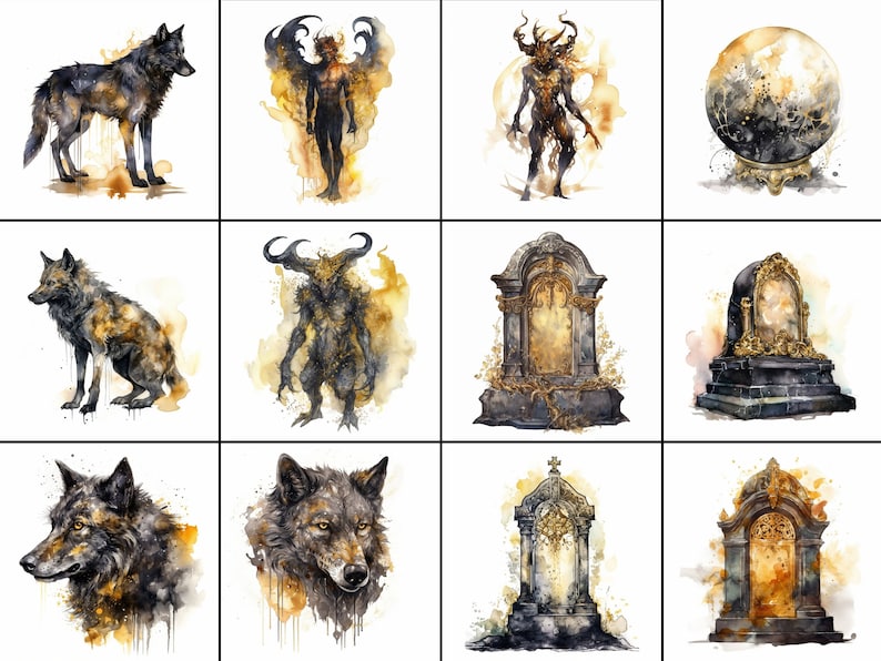Pode incluir: Uma colagem digital de ilustra&ccedil;&otilde;es de aquarela que apresentam um lobo, um dem&ocirc;nio, uma l&aacute;pide e uma bola de cristal. As imagens s&atilde;o renderizadas em tons de preto, dourado e branco, com um efeito de lavagem de aquarela.