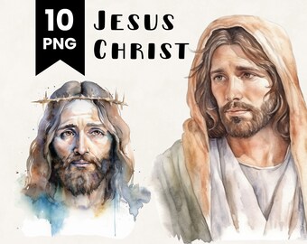May include: Two watercolor paintings of Jesus Christ. The first image shows a close-up of Jesus' face with a crown of thorns. The second image shows Jesus with long hair and a beard, wearing a brown robe.