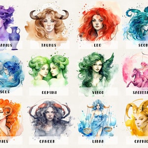 Sternzeichen Clipart Bundle kommerzielle Nutzung Aquarell Sternzeichen digitales Design Mega Bundle PNG Dateien herunterladbare Clipart POD