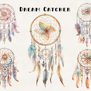 Boho Dream Catcher Clipart Bundle Komercyjne zastosowanie Akwarela Boho Digital Design Bundle Pliki PNG
