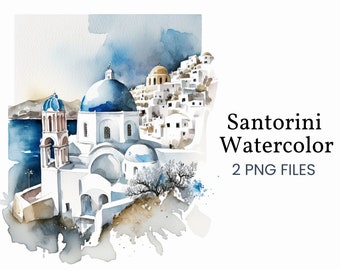 Santorini akvarell Clipart: Grekisk ö digital konst (PNG-filer)