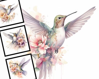 Akvarell Clipart-paket med vintage-kolibri (digital nedladdning)