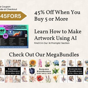 Pode incluir: Uma lista de produtos digitais para uma cole&ccedil;&atilde;o de ilustra&ccedil;&otilde;es de aquarela. A lista inclui tr&ecirc;s pacotes: Casamento, Flores e Encantado. Cada pacote apresenta uma variedade de imagens, como flores, alian&ccedil;as de casamento e criaturas m&iacute;ticas. A lista tamb&eacute;m inclui um c&oacute;digo de cupom para um desconto de 45% ao comprar 5 itens ou mais.