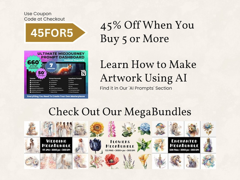 Pode incluir: Uma lista de produtos digitais para uma cole&ccedil;&atilde;o de ilustra&ccedil;&otilde;es de aquarela. A lista inclui tr&ecirc;s pacotes: Casamento, Flores e Encantado. Cada pacote apresenta uma variedade de imagens, como flores, alian&ccedil;as de casamento e criaturas m&iacute;ticas. A lista tamb&eacute;m inclui um c&oacute;digo de cupom para um desconto de 45% ao comprar 5 itens ou mais.