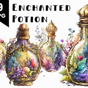 Może przedstawiać: Dziewięć akwarelowych ilustracji ozdobnych szklanych butelek wypełnionych kolorowymi elementami florystycznymi i botanicznymi. Butelki mają złote akcenty i są wypełnione różnymi kwiatami, liśćmi i innymi naturalnymi elementami. Butelki są ułożone w rzędzie, a tło jest białe.