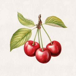May include: Watercolor illustration of three ripe cherries on a branch with green leaves. The cherries are a vibrant red with water droplets, and the leaves are a lush green. The background is a soft, off-white color.