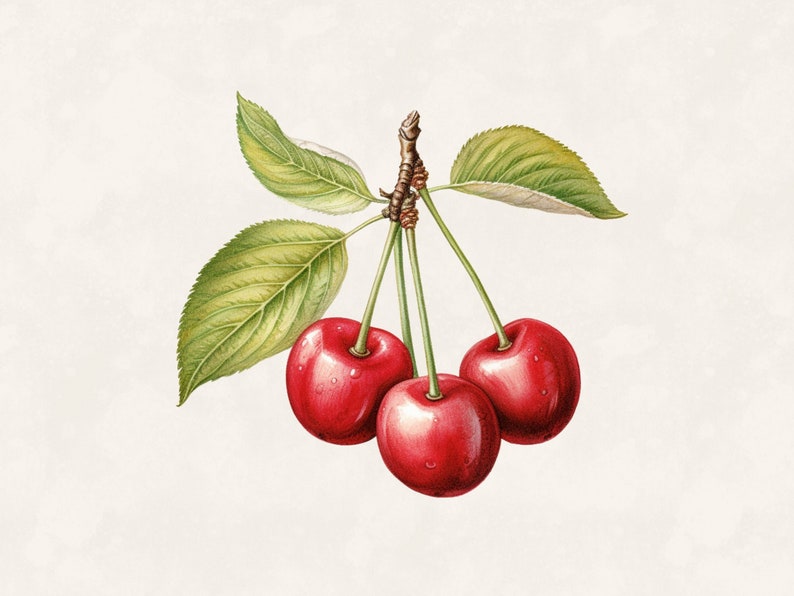 May include: Watercolor illustration of three ripe cherries on a branch with green leaves. The cherries are a vibrant red with water droplets, and the leaves are a lush green. The background is a soft, off-white color.