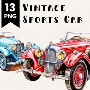 Vintage Sportwagen Print Art Romantische Illustration Kommerzielle Nutzung Oldtimer Aquarell Bundle Digital Design Clip Art