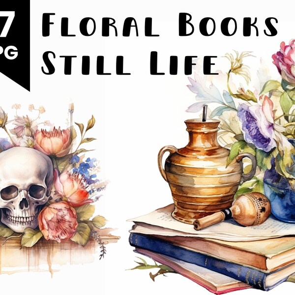 Floral Books Still Life Print Art Romantic Illustration Commercial Use Watercolor Vintage Book Illustration Digital Design Bundle Clip Art