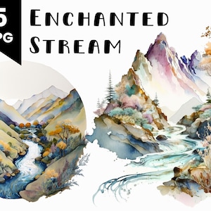 May include: Watercolor painting of a mountain stream flowing through a valley. The stream is surrounded by lush green trees and foliage. The mountains in the background are painted in shades of blue, purple, and pink. The painting is titled "Enchanted Stream" and includes the text "5 JPG".