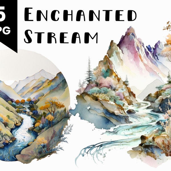 Magic Stream Clipart, Commercial Use, Watercolor Enchanted Mountain Stream, Digital Design Bundle, Clip Art Sublime