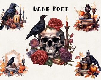 Dark Academia Poet Clipart: Vintage Watercolor Raven & Skull (PNG Digital Design)