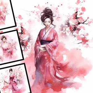 Geisha rosa Clipart Acquerello Figure animate Clipart Scarica Uso commerciale Inviti matrimonio Scrap Book POD