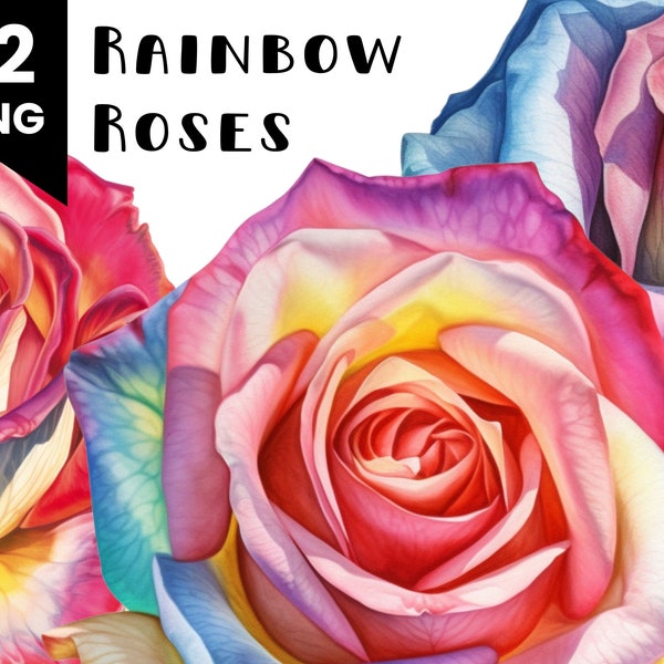 12 Magnificent Rainbow Roses Watercolor Clipart Bundle, Commercial Use Allowed, Digital Design Bundle, Collage Crafts, PNG files