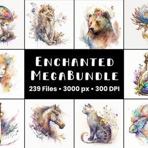 Enchanted Clipart Mega Bundle Watercolor Commercial Use Digital Design Bundle Magic Animals and Objects Downloadable Printable Collage Craft