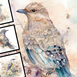 Bundle di Clipart per uccelli vintage acquerello per uso commerciale pacchetto di design digitale Scarica Clipart Pastel Bird
