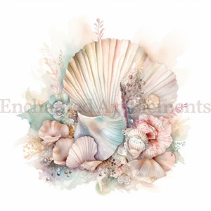 Op de afbeelding: Een aquarel schilderij van een schelpenarrangement. De schelpen zijn in tinten roze, wit en blauw. Er zijn ook wat groene en bruine zeewier- en koraalelementen.