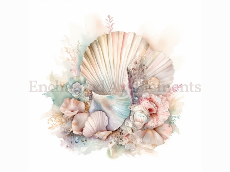 Op de afbeelding: Een aquarel schilderij van een schelpenarrangement. De schelpen zijn in tinten roze, wit en blauw. Er zijn ook wat groene en bruine zeewier- en koraalelementen.
