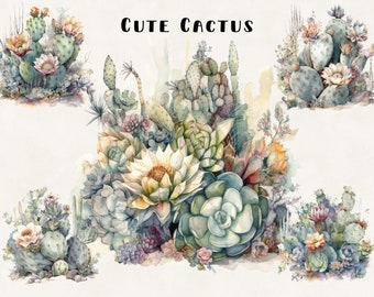 Paquete de imágenes prediseñadas de cactus en acuarela: uso comercial (descarga digital)
