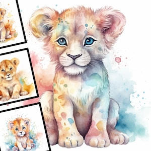 4 acuarela bebé León ilustración vivero arte comercial uso Digital diseño paquete animado León POD JPG archivos