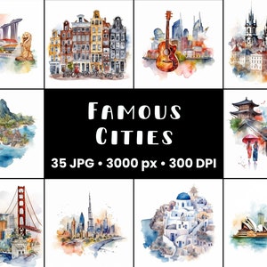 Ultimate Famous Cities Clipart Bundle uso commerciale acquerello viaggio design digitale bundle creazione di file Clipart