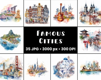 Ultimate Famous Cities Clipart Bundle Commercial Use Watercolor Travel Digital Design Bundle Crafting Clipart Files