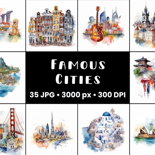 Ultimate Famous Cities Clipart Bundle Commercial Use Watercolor Travel Digital Design Bundle Crafting Clipart Files