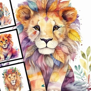 León retro Clipart acuarela ilustración uso comercial diseño Digital paquete para POD sublimación Scrapbooking Collage