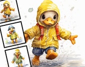 Duck in Rain Watercolor Clipart, Commercial Use (JPG Files)