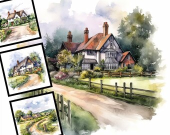 English Countryside Watercolor Clipart: Cottagecore Digital Art (Commercial Use)