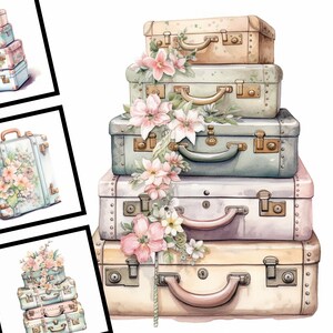 Vintage maleta clipart acuarela pastel ilustración uso comercial paquete de diseño digital para POD sublimación Scrapbooking Collage