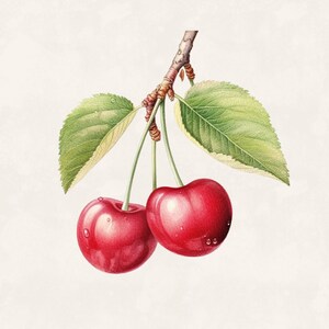 May include: Watercolor illustration of two ripe cherries on a branch with green leaves. The cherries are a deep red color with water droplets, and the leaves have a green and yellow gradient. The background is a light beige.