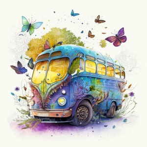 Magic School Bus Clip Art, Illustration Design Bundle, Commercial Use Abstract Bus Digital Bundle, Art Prints