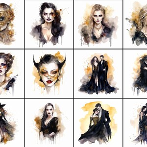 Pode incluir: Uma colagem de doze pinturas em aquarela que apresentam figuras com roupas escuras e poses dram&aacute;ticas. As figuras s&atilde;o cercadas por lavagens de aquarela douradas e marrons.