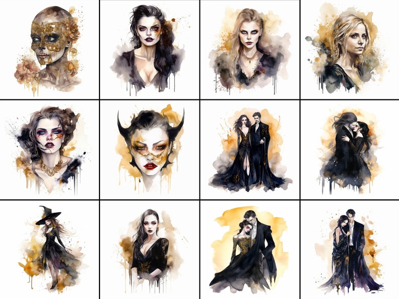 Pode incluir: Uma colagem de doze pinturas em aquarela que apresentam figuras com roupas escuras e poses dram&aacute;ticas. As figuras s&atilde;o cercadas por lavagens de aquarela douradas e marrons.