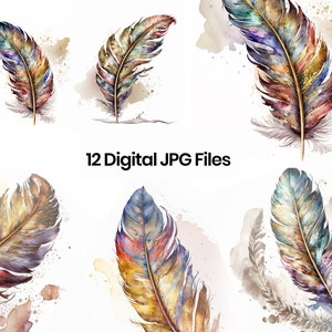 Puede incluir: Doce ilustraciones digitales de acuarela de plumas coloridas con acentos dorados. Las plumas están aisladas sobre un fondo blanco con salpicaduras de acuarela.