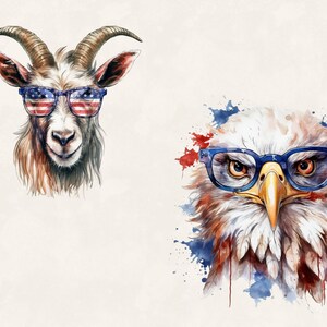 K&ouml;nnte beinhalten: Ein Aquarellbild von einer Ziege und einem Adler, die blaue Brillen tragen. Die Ziege hat ein amerikanisches Flaggenmuster auf ihren Brillen. Der Adler ist von roten, wei&szlig;en und blauen Aquarellspritzern umgeben.