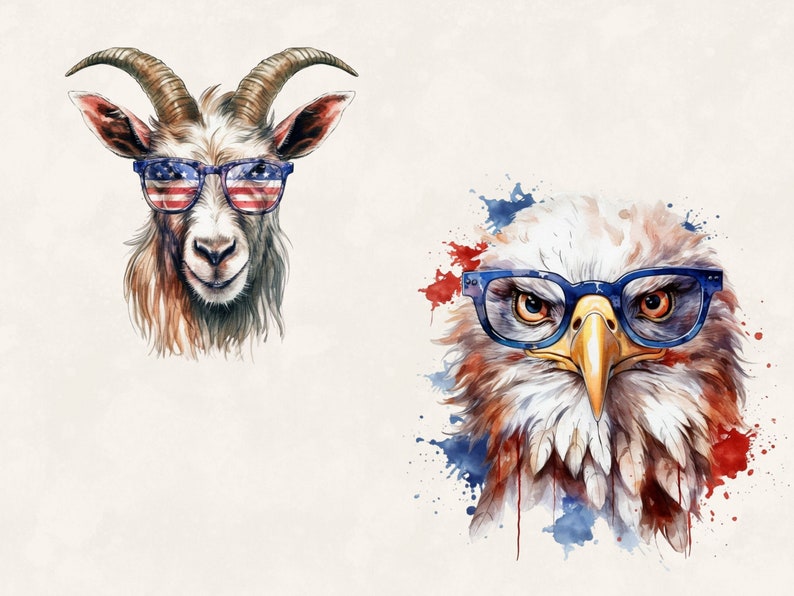 K&ouml;nnte beinhalten: Ein Aquarellbild von einer Ziege und einem Adler, die blaue Brillen tragen. Die Ziege hat ein amerikanisches Flaggenmuster auf ihren Brillen. Der Adler ist von roten, wei&szlig;en und blauen Aquarellspritzern umgeben.